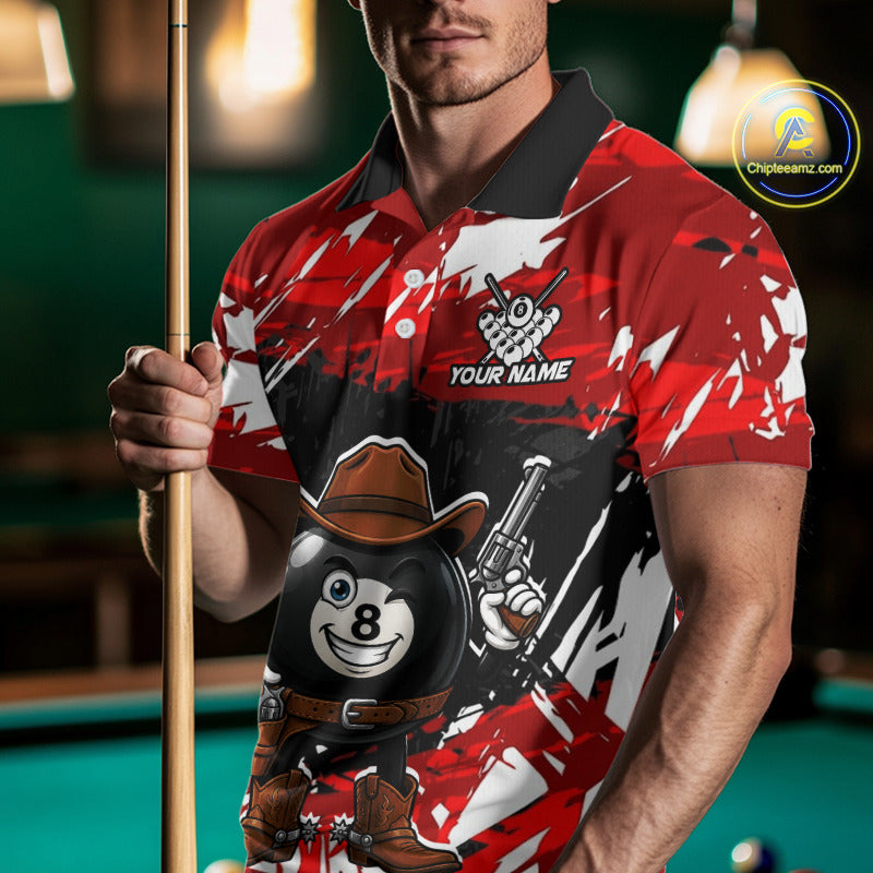 Funny Billiard 8 Ball Cowboy Gun Shirt For Men Custom Grunge Billiard Team Attire | Red NYN3435