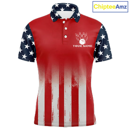 Custom American Flag Bowling Men Polo Quarter-Zip Shirts With Team Name, Patriot Bowlers Outfit NYN3184