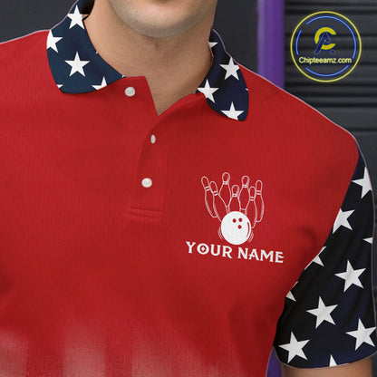 Custom American Flag Bowling Men Polo Quarter-Zip Shirts With Team Name, Patriot Bowlers Outfit NYN3184