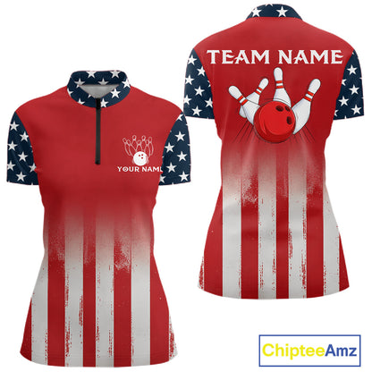 Custom American Flag Bowling Women Polo Quarter-Zip Shirts With Team Name, Patriot Bowlers Outfit NYN3184