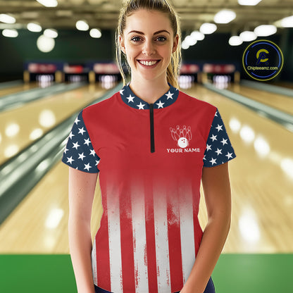 Custom American Flag Bowling Women Polo Quarter-Zip Shirts With Team Name, Patriot Bowlers Outfit NYN3184