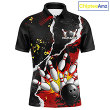 Load image into Gallery viewer, Grunge Black &amp; Red Strike Bowling Ball &amp; Pins Shirts For Men Personalized Bowling Team Outfits NYN3186