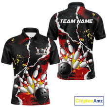 Load image into Gallery viewer, Grunge Black &amp; Red Strike Bowling Ball &amp; Pins Shirts For Men Personalized Bowling Team Outfits NYN3186