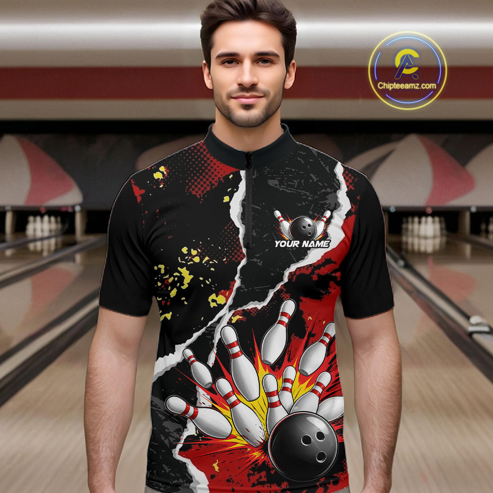 Grunge Black & Red Strike Bowling Ball & Pins Shirts For Men Personalized Bowling Team Outfits NYN3186