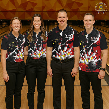 Grunge Black & Red Strike Bowling Ball & Pins Shirts For Women Personalized Bowling Team Outfits NYN3186