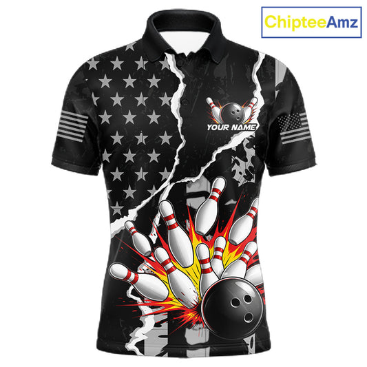 Grunge Black US Flag Strike Bowling Ball & Pins Shirts  For Men Custom Patriot Bowling Team Outfits NYN3186