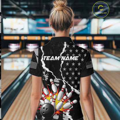 Grunge Black US Flag Strike Bowling Ball & Pins Shirts  For Women Custom Patriot Bowling Team Outfits NYN3186