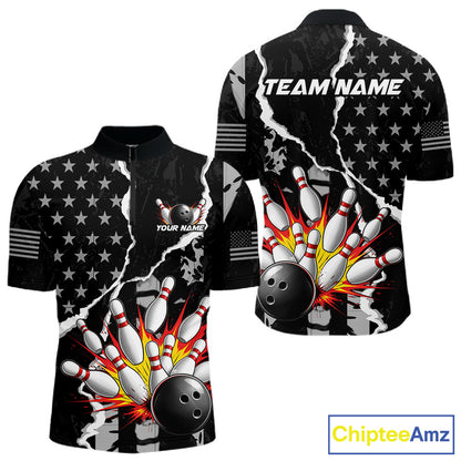 Grunge Black US Flag Strike Bowling Ball & Pins Shirts  For Men Custom Patriot Bowling Team Outfits NYN3186