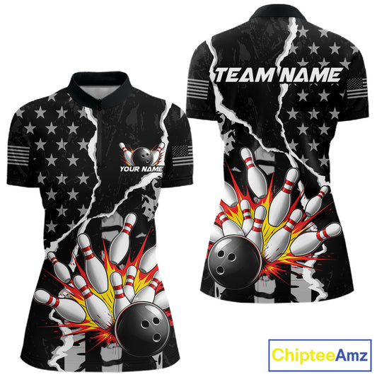 Grunge Black US Flag Strike Bowling Ball & Pins Shirts  For Women Custom Patriot Bowling Team Outfits NYN3186