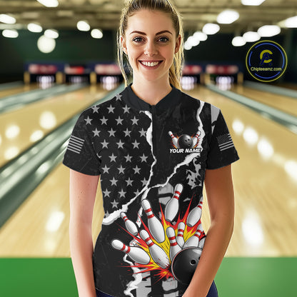 Grunge Black US Flag Strike Bowling Ball & Pins Shirts  For Women Custom Patriot Bowling Team Outfits NYN3186