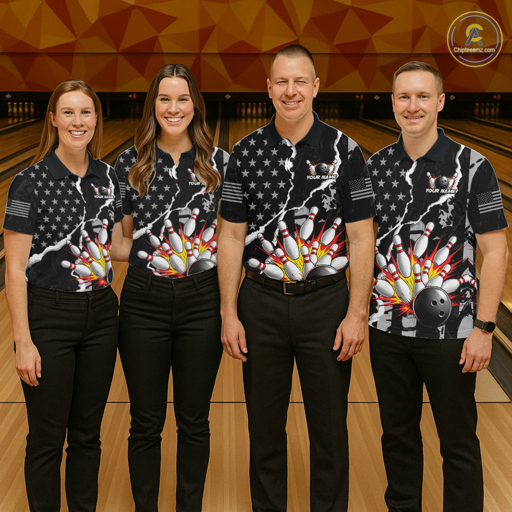 Grunge Black US Flag Strike Bowling Ball & Pins Shirts  For Women Custom Patriot Bowling Team Outfits NYN3186