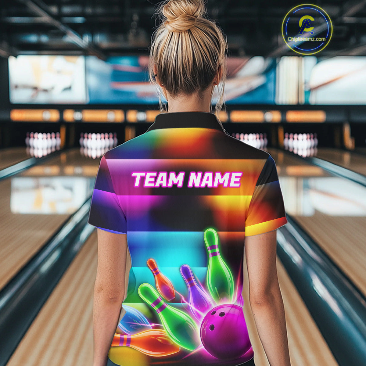 Womens Neon Light Bowling Team Shirts Personalized Colorful Ball & Pins Bowling Attire NYN3449