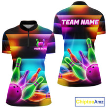 Load image into Gallery viewer, Neon light bowling team shirt for women colorful bowling ball and pins jersey