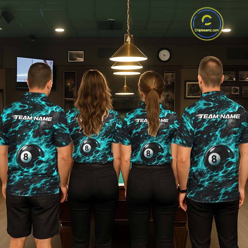 Fire Flame 8 Ball Pool Shirt For Men Custom Billiard League Team Polo & 1/4 Zip Jersey | Teal NYN4024