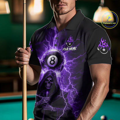 Grim Reaper Thunder Purple 8 Ball Pool Men Polo & 1/4-Zip Shirt Custom Billiards Ball Jerseys NYN2432