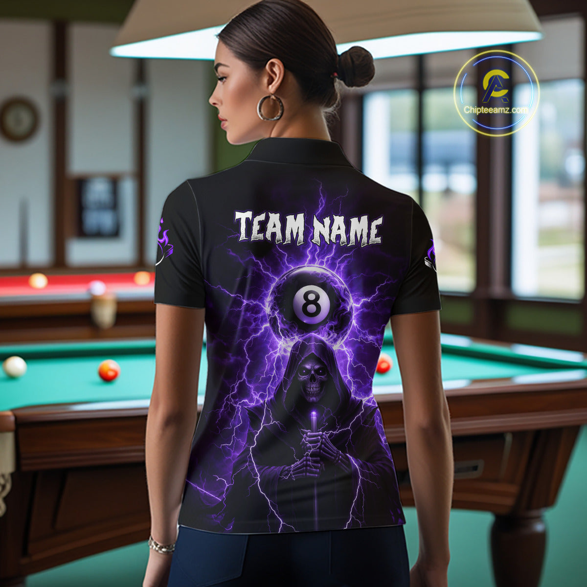 Grim Reaper Thunder Purple 8 Ball Pool Women Polo & 1/4-Zip Shirt Custom Billiards Ball Jerseys NYN2432