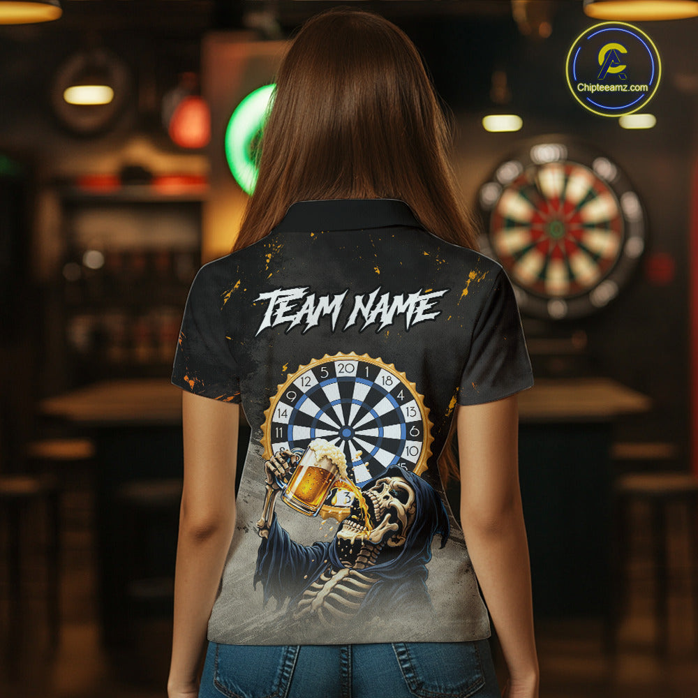 Personalized Funny Grim Reaper Play Darts & Beer Polo & 1/4-Zip Shirts For Women Dart Team Jerseys NYN2815