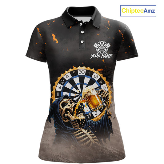 Personalized Funny Grim Reaper Play Darts & Beer Polo & 1/4-Zip Shirts For Women Dart Team Jerseys NYN2815