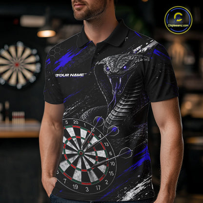 Male model wearing Black Blue Cobra Darts Polo, Personalized Tournament Uniform