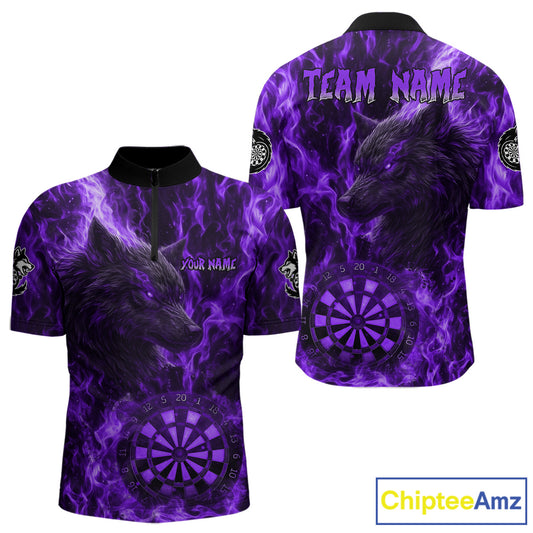 Custom Black Red Flames Wolf Dartboard Dart Men Quarter-Zip Shirt Outfits Dart Jerseys NYN1619