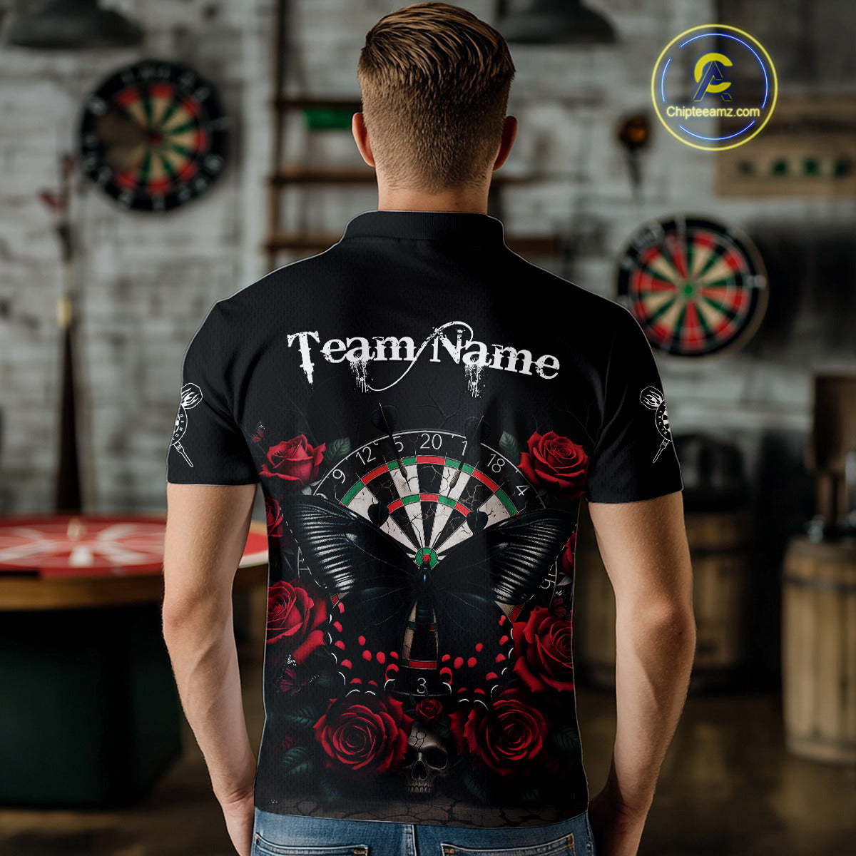 Red Roses Dartboard Butterfly Skull Custom Men Darts Polo Shirt Dart Team Jerseys NYN1910