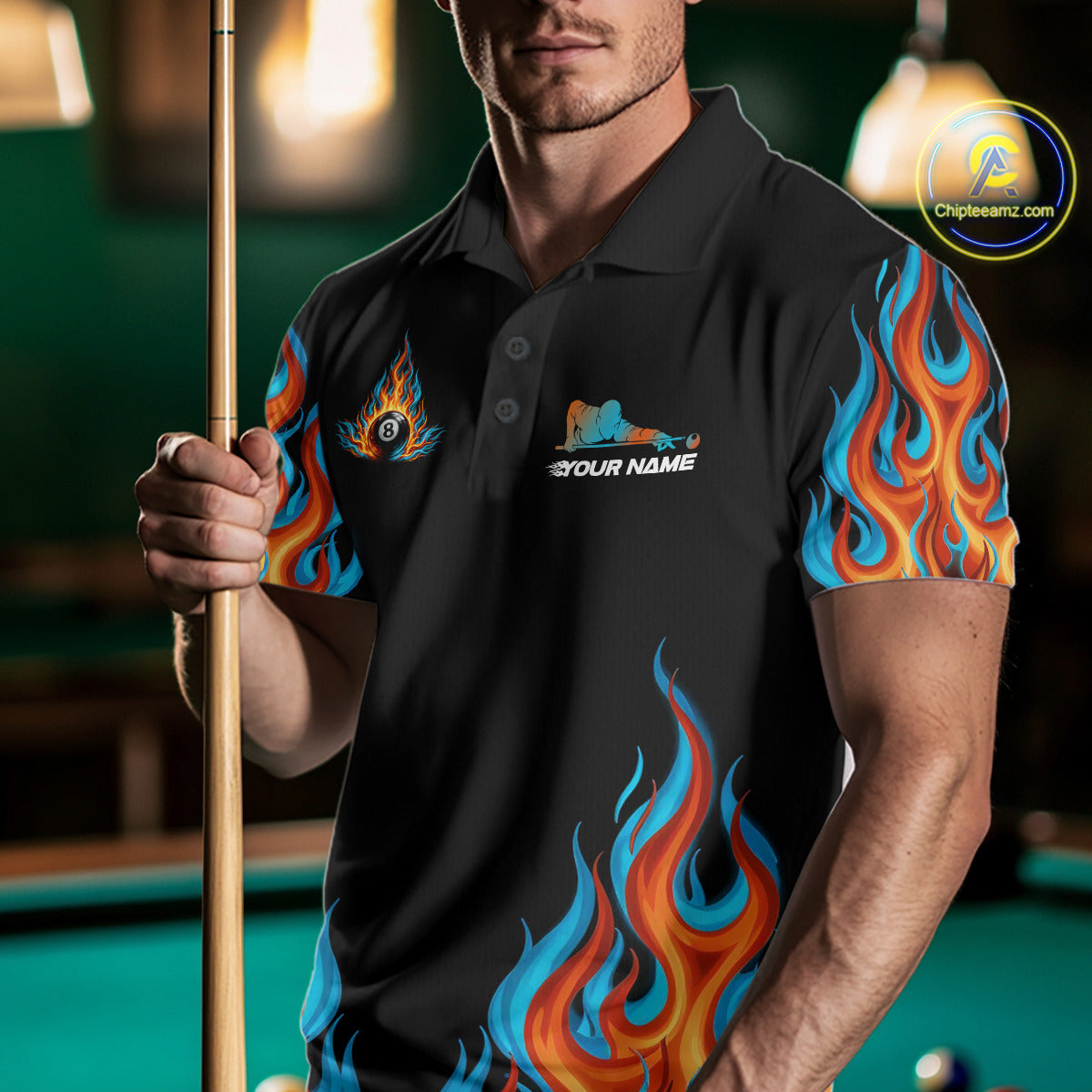 Red And Blue Flames 8 Ball Pool Billiard Team Shirt For Men Custom Billiard Balls Jerseys NYN2441