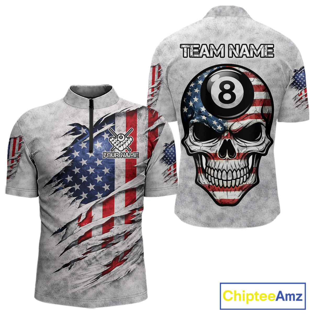 Personalized White Grunge American Flag Skull Pool 8 Ball Men's Billiard Team Shirt Billiard Attire NYN2671