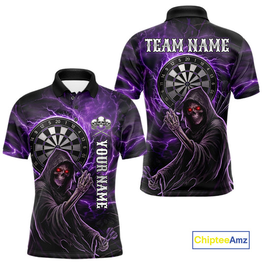Grunge Purple Grim Reaper Men Darts Polo & 1/4-Zip Shirts Custom Thunder Lightning Darts Team Jersey NYN3037