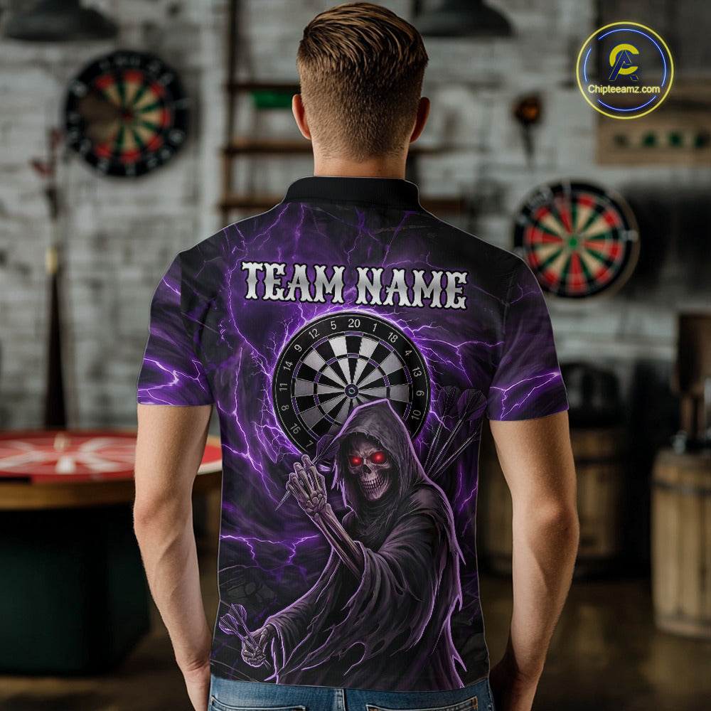 Grunge Purple Grim Reaper Men Darts Polo & 1/4-Zip Shirts Custom Thunder Lightning Darts Team Jersey NYN3037