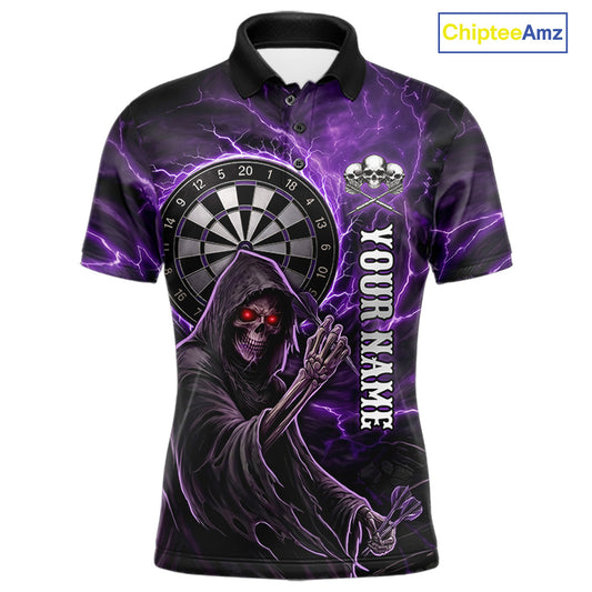Grunge Purple Grim Reaper Men Darts Polo & 1/4-Zip Shirts Custom Thunder Lightning Darts Team Jersey NYN3037