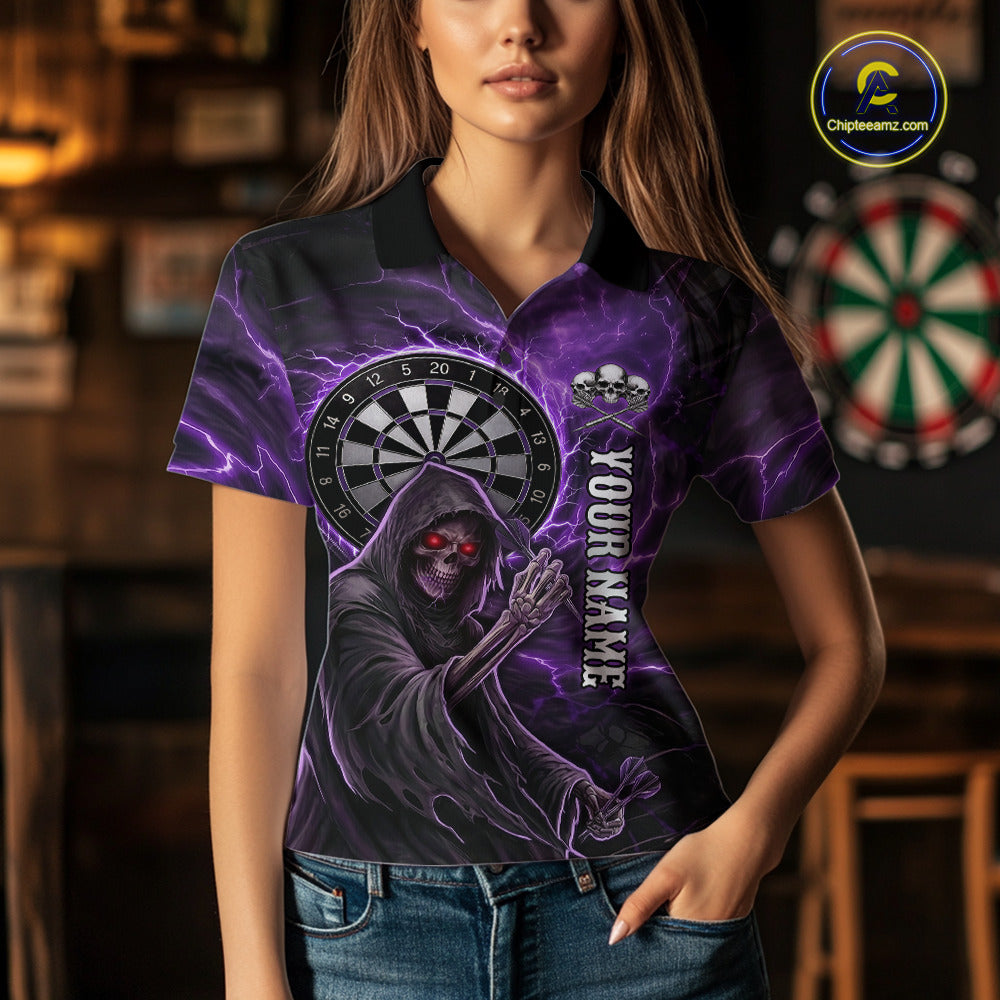 Grunge Purple Grim Reaper Women Darts Polo & 1/4-Zip Shirts Custom Thunder Lightning Darts Team Jersey NYN3037