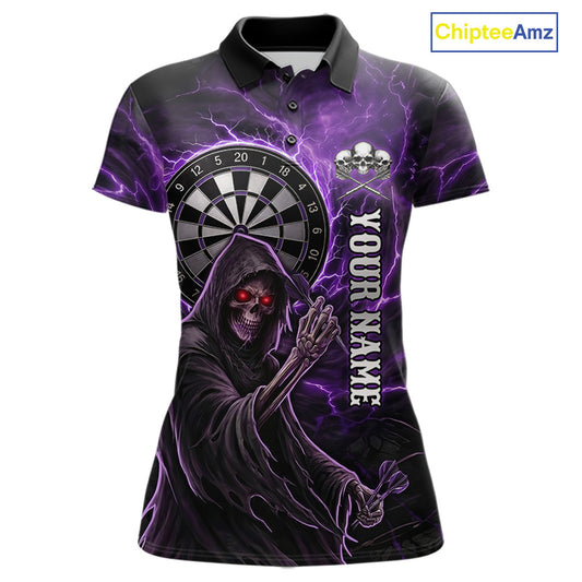Grunge Purple Grim Reaper Women Darts Polo & 1/4-Zip Shirts Custom Thunder Lightning Darts Team Jersey NYN3037