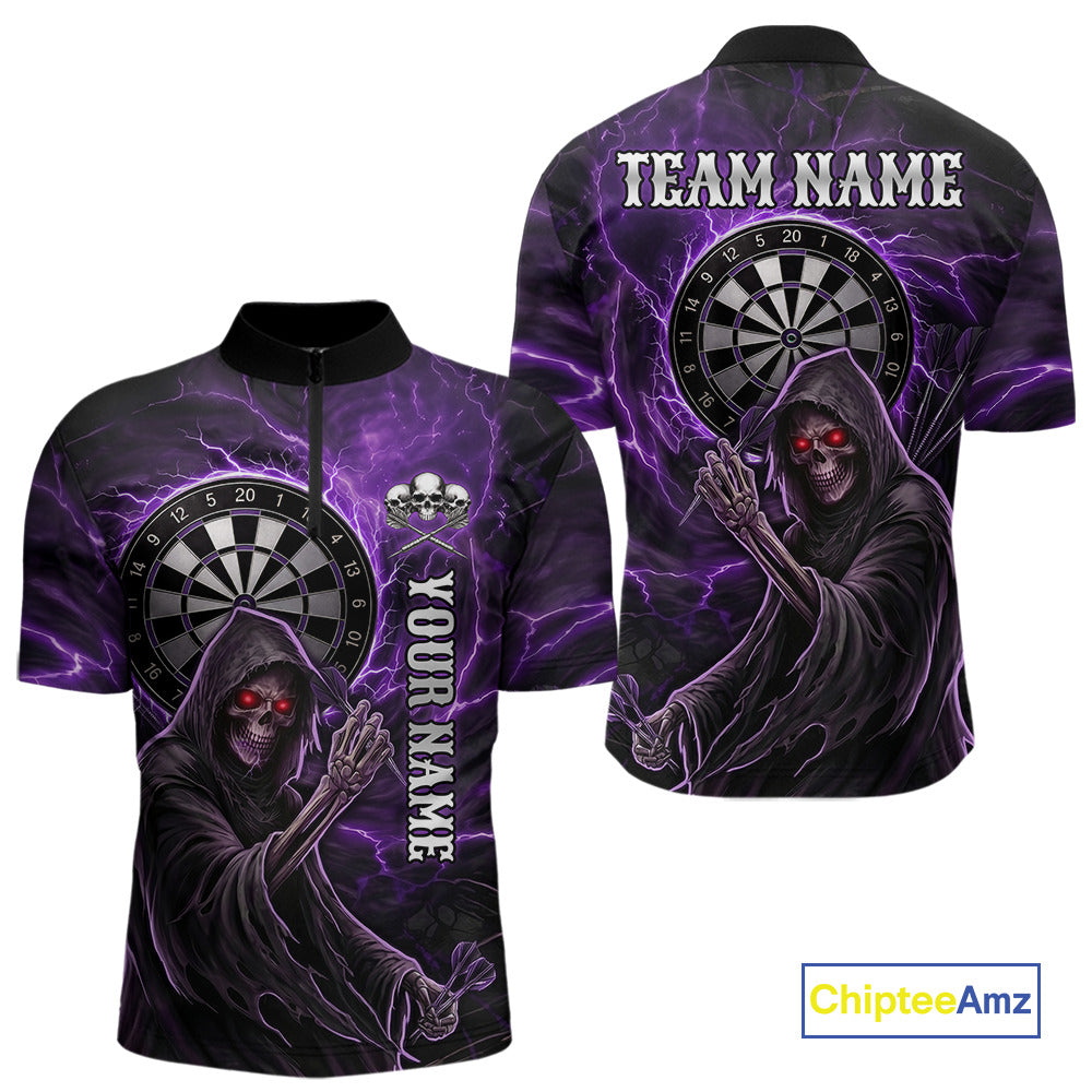 Grunge Purple Grim Reaper Men Darts Polo & 1/4-Zip Shirts Custom Thunder Lightning Darts Team Jersey NYN3037