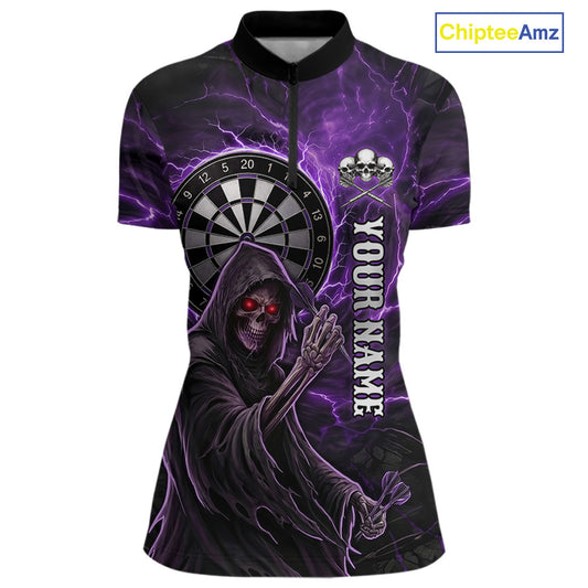Grunge Purple Grim Reaper Women Darts Polo & 1/4-Zip Shirts Custom Thunder Lightning Darts Team Jersey NYN3037