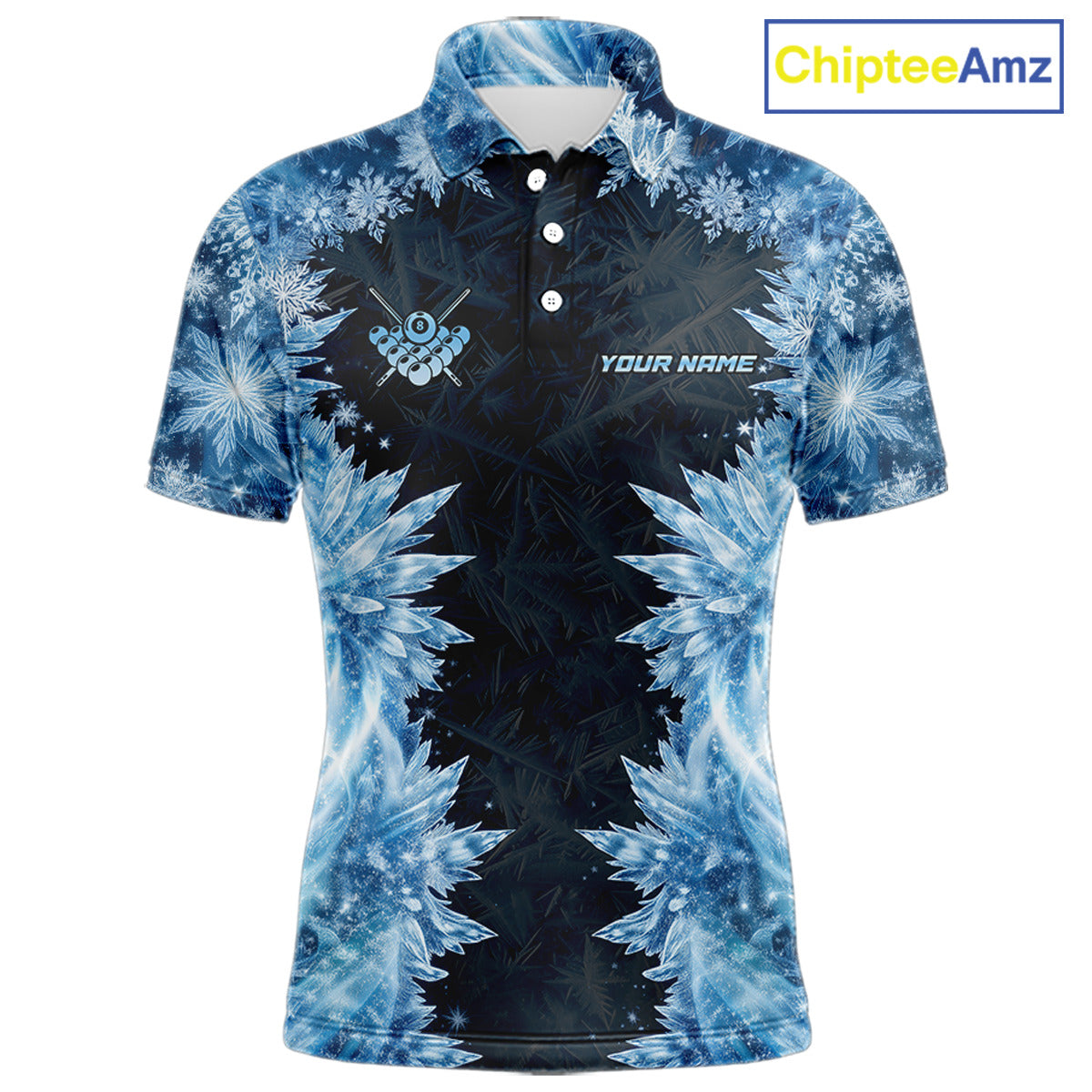 Icy Pattern Blue 9 Ball Pool Billiard Team Shirt For Men Custom Snowflake Billiards Ball Attire NYN3043