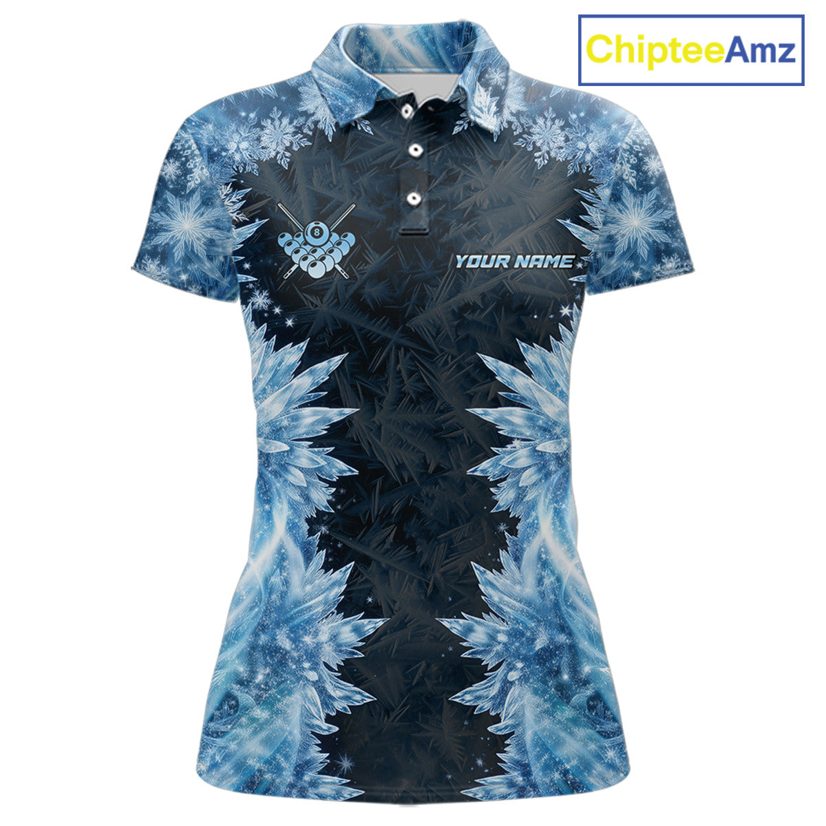 Icy Pattern Blue 9 Ball Pool Billiard Team Shirt For Women Custom Snowflake Billiards Ball Attire NYN3043
