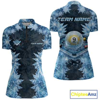 Icy Pattern Blue 9 Ball Pool Billiard Team Shirt For Women Custom Snowflake Billiards Ball Attire NYN3043