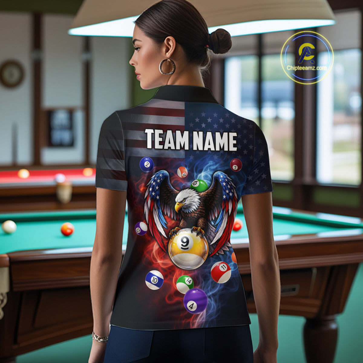 Blue & Red Flames Eagle 8 Ball 9 Ball Pool Billiard Shirt For Women Custom US Flag Billiard Jersey NYN3050
