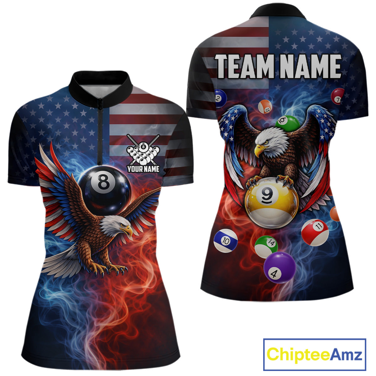 Blue & Red Flames Eagle 8 Ball 9 Ball Pool Billiard Shirt For Women Custom US Flag Billiard Jersey NYN3050