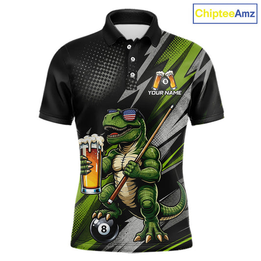 Green Funny Dinosaur men's billiard polo featuring drinking beer dinosaur artwork, personalized 8 Ball cue sports jersey, custom pool tournament apparel, fun league performance clothing, novelty athletic uniform
