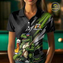 Load image into Gallery viewer, Female model wearing Funny Dinosaur billiard polo featuring personalized 8 Ball tournament jersey, playful beer-themed cue sports apparel, recreational league clothing, humorous athletic performance wear
