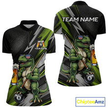 Load image into Gallery viewer, Green Funny Dinosaur women's quarter-zip billiard jersey featuring humorous dinosaur mascot, personalized pool tournament shirt, custom cue sports apparel, APA performance athletic clothing