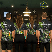 Load image into Gallery viewer, Matching Funny Dinosaur billiard jerseys for men and women featuring humorous dinosaur mascot holding an 8 Ball and beer, representing friendship, fun, celebration and team spirit, appealing to beer lovers, dinosaur fans, party groups, bachelor events, pub leagues, recreational sports communities and novelty apparel collectors