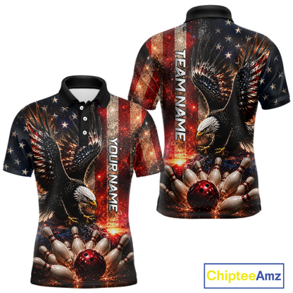 Man wearing Customized Thunder US Flag Eagle Bowling Polo Shirt featuring patriotic eagle artwork, personalized bowling team jersey, breathable athletic polo, custom bowling apparel, league uniform, USA flag sports shirt, veteran-inspired bowling clothing, Independence Day bowling outfit.