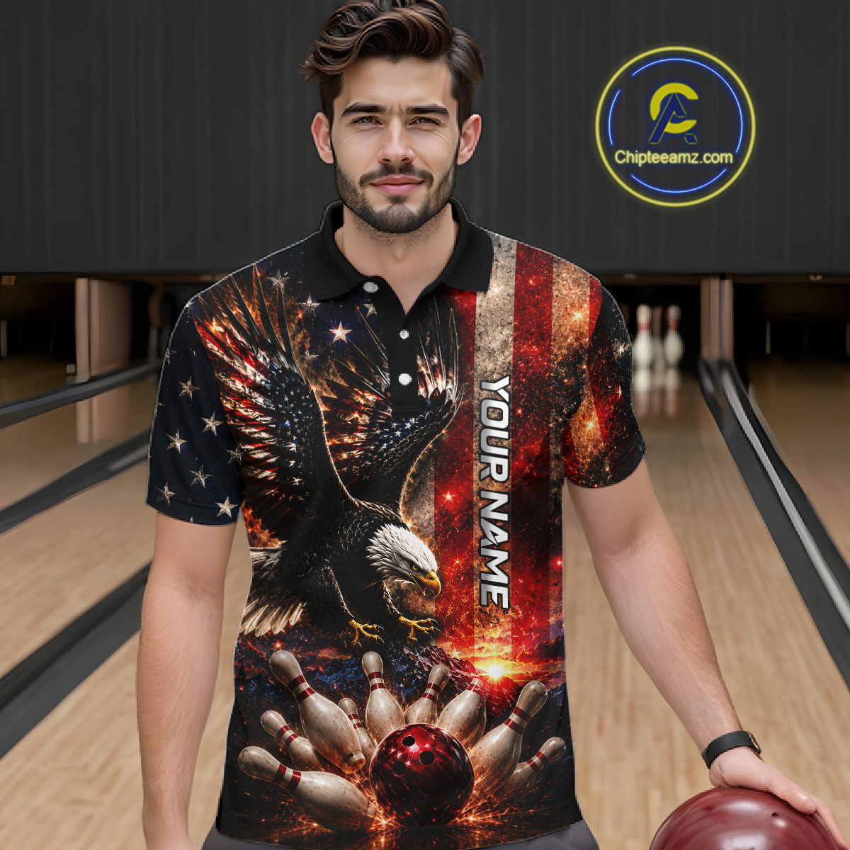 Male bowler wearing patriotic eagle bowling polo, standing confidently on bowling lane, personalized USA bowling jersey, American pride apparel, lightning graphics, freedom symbolism, custom bowling team uniform, athletic lifestyle clothing.