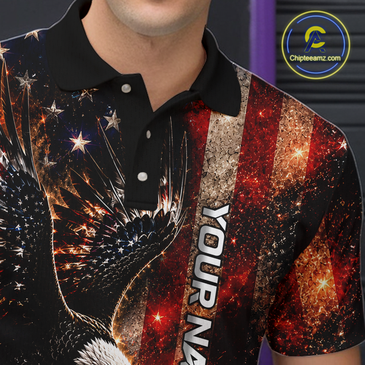 Male bowler wearing patriotic eagle bowling polo, standing confidently on bowling lane, personalized USA bowling jersey, American pride apparel, lightning graphics, freedom symbolism, custom bowling team uniform, athletic lifestyle clothing.