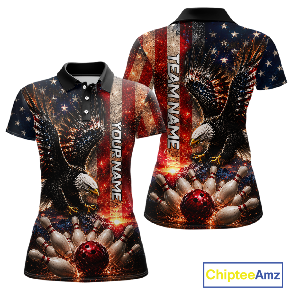 Woman wearing Customized Thunder US Flag Eagle Bowling Polo Shirt featuring patriotic American eagle, lightning graphics, personalized team name, moisture-wicking performance polo, USA bowling league apparel, custom bowling jersey, Fourth of July outfit, bowling tournament uniform, patriotic sportswear, eagle lover gift, American pride apparel.