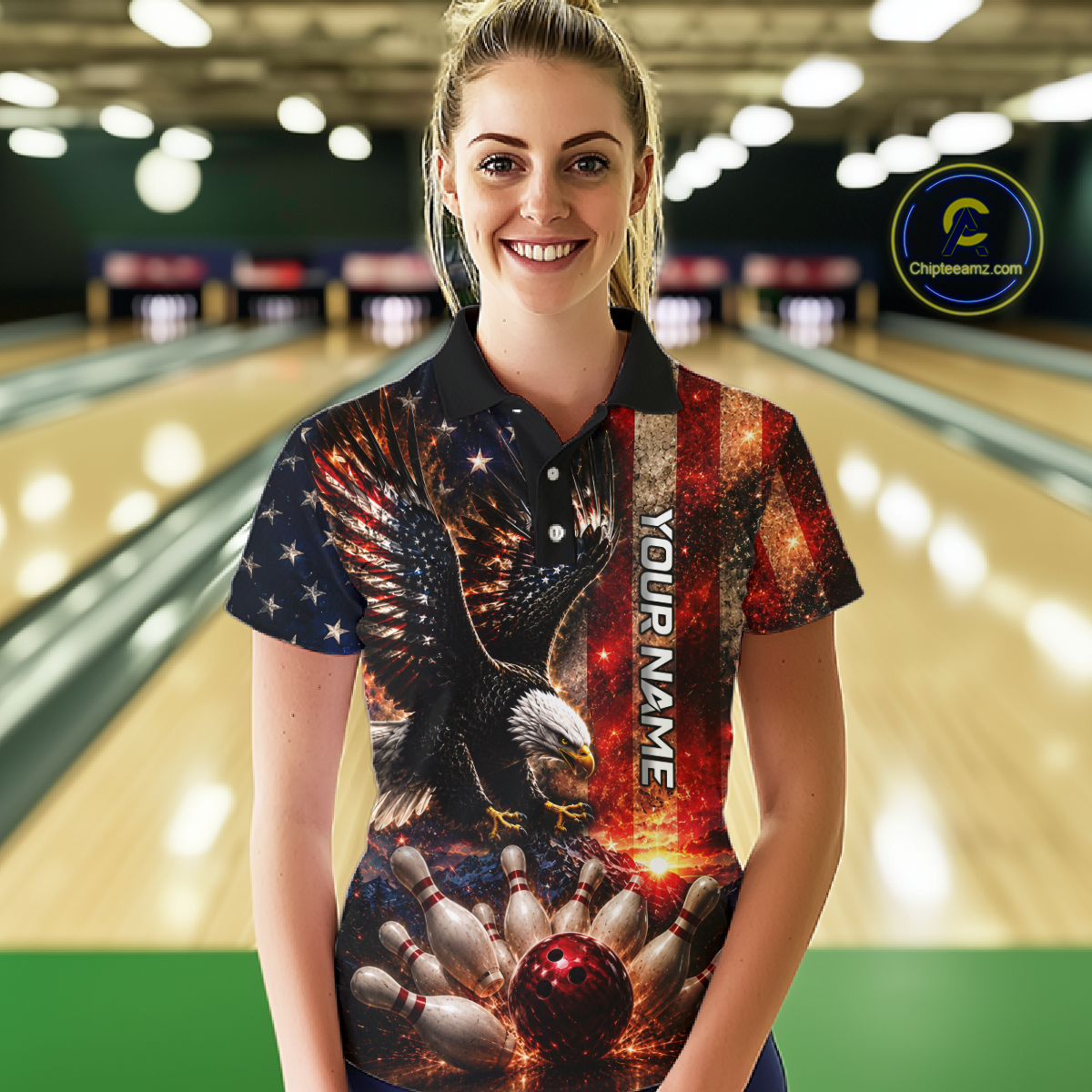 Female bowler wearing patriotic eagle bowling shirt while holding bowling ball inside modern bowling alley, custom team jersey, American flag theme, bowling league champion, tournament apparel, USA sports fashion, eagle symbolism representing freedom, strength and victory.