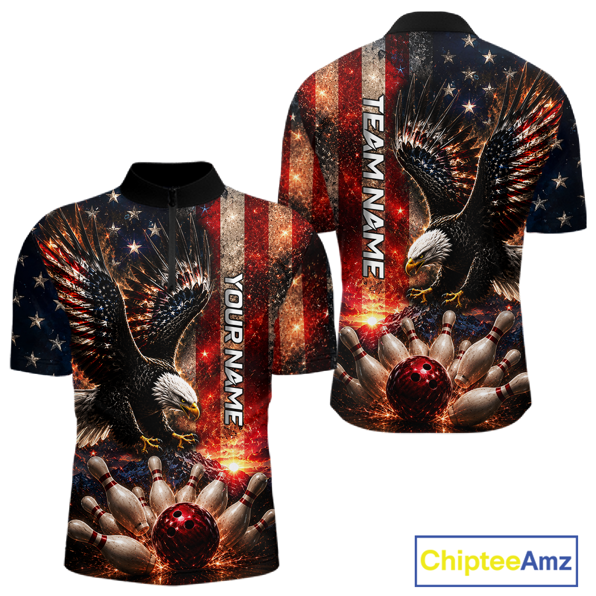 Man wearing Customized Thunder US Flag Eagle Quarter-Zip Bowling Jersey featuring bold patriotic eagle graphics, personalized bowling team apparel, breathable performance fabric, custom USA tournament uniform, veteran-inspired athletic shirt, bowling championship jersey.