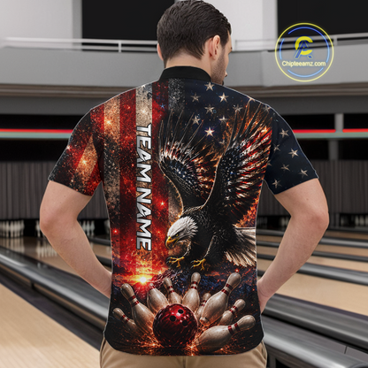 Male bowler wearing patriotic eagle bowling polo, standing confidently on bowling lane, personalized USA bowling jersey, American pride apparel, lightning graphics, freedom symbolism, custom bowling team uniform, athletic lifestyle clothing.